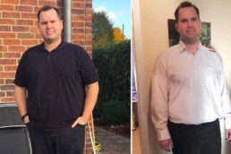Hier ist Patrick zu Beginn seiner Sanguinum Stoffwechselkur zu sehen - und 5 Monate nach dem Start, mit 20 Kilo weniger.